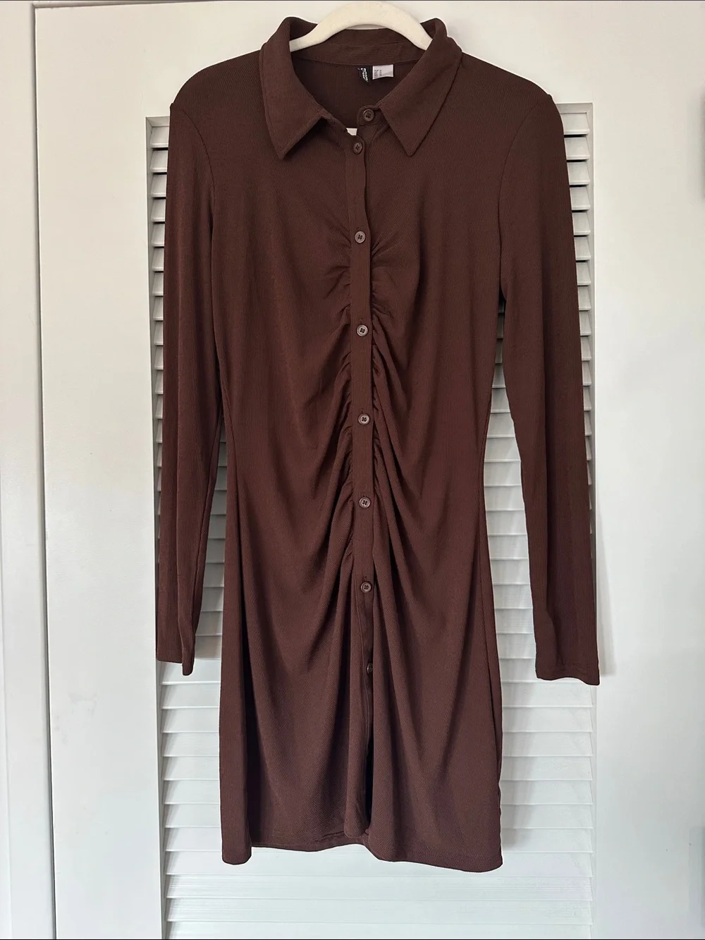 h&m brown ruched dress H&M Brown Long Sleeve Ruched Button-Front Shirt Dress
